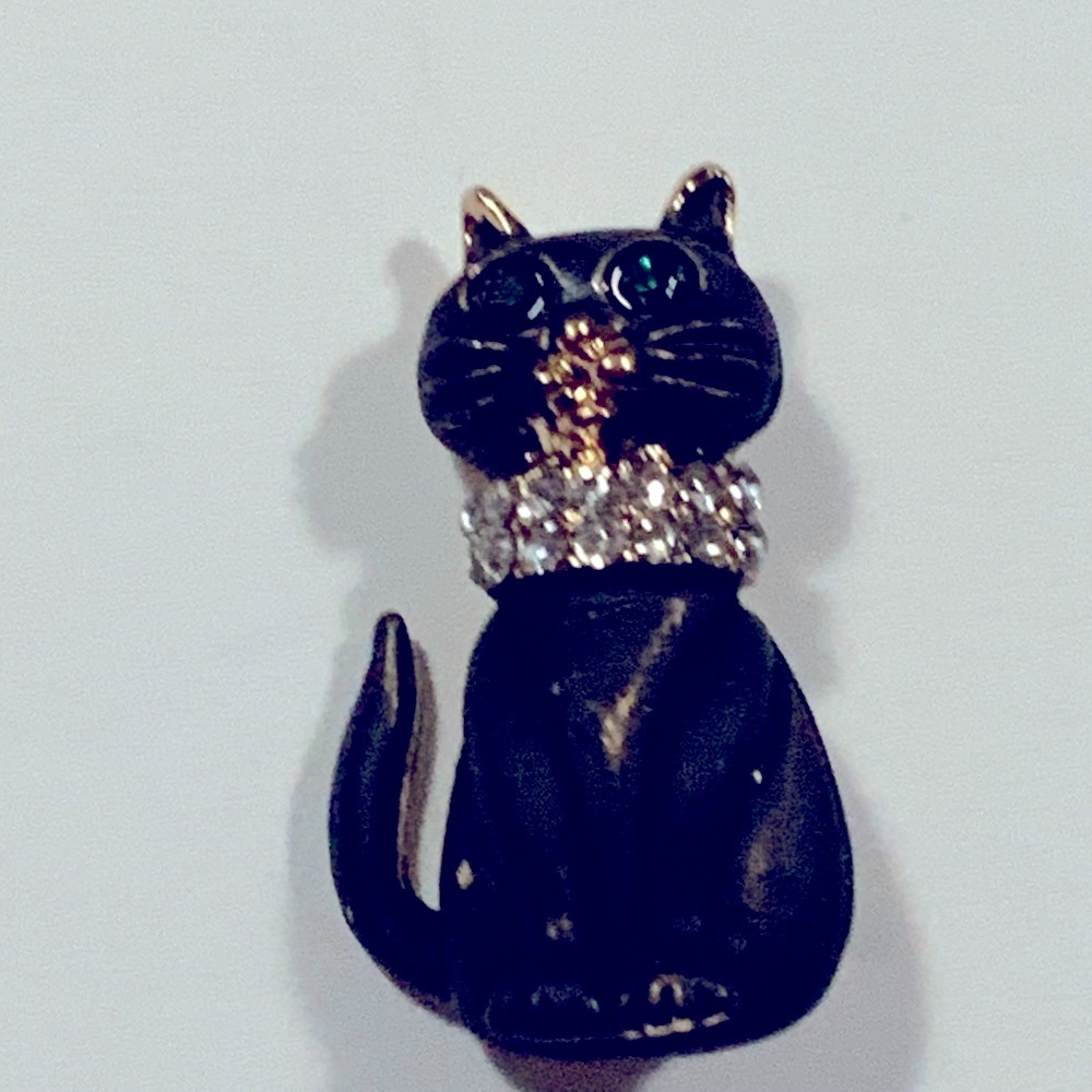 Betsey Johnson Kitten Cat Black Green Eyes Brooch Rhinestones #E892